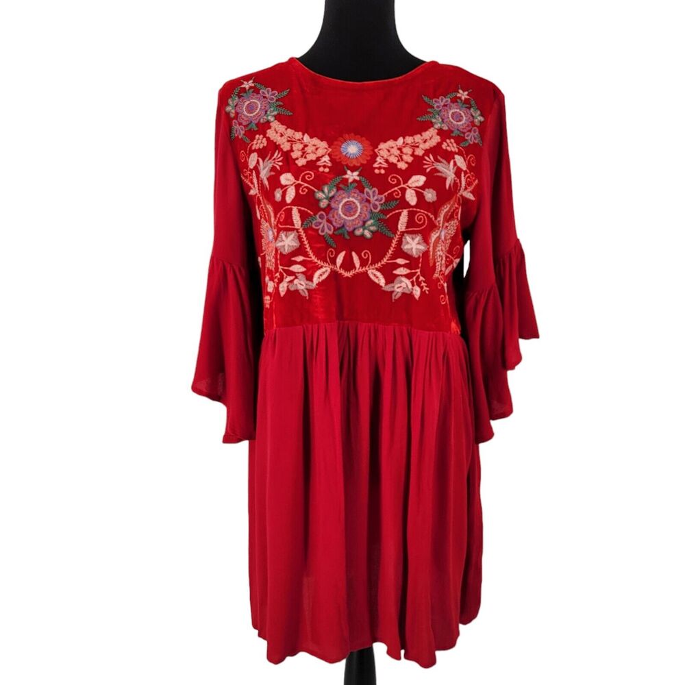 Umgee Dress Womens Small Velvet Embroidered Bodice Flutter Sleeves Boho
